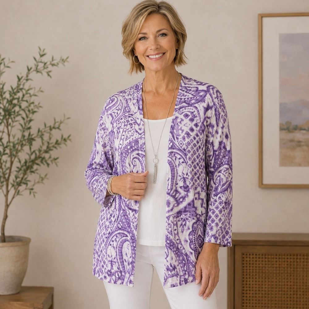 Chico's Size 1 Purple Paisley Open Front Cardigan Rayon Lightweight Boho Layer M